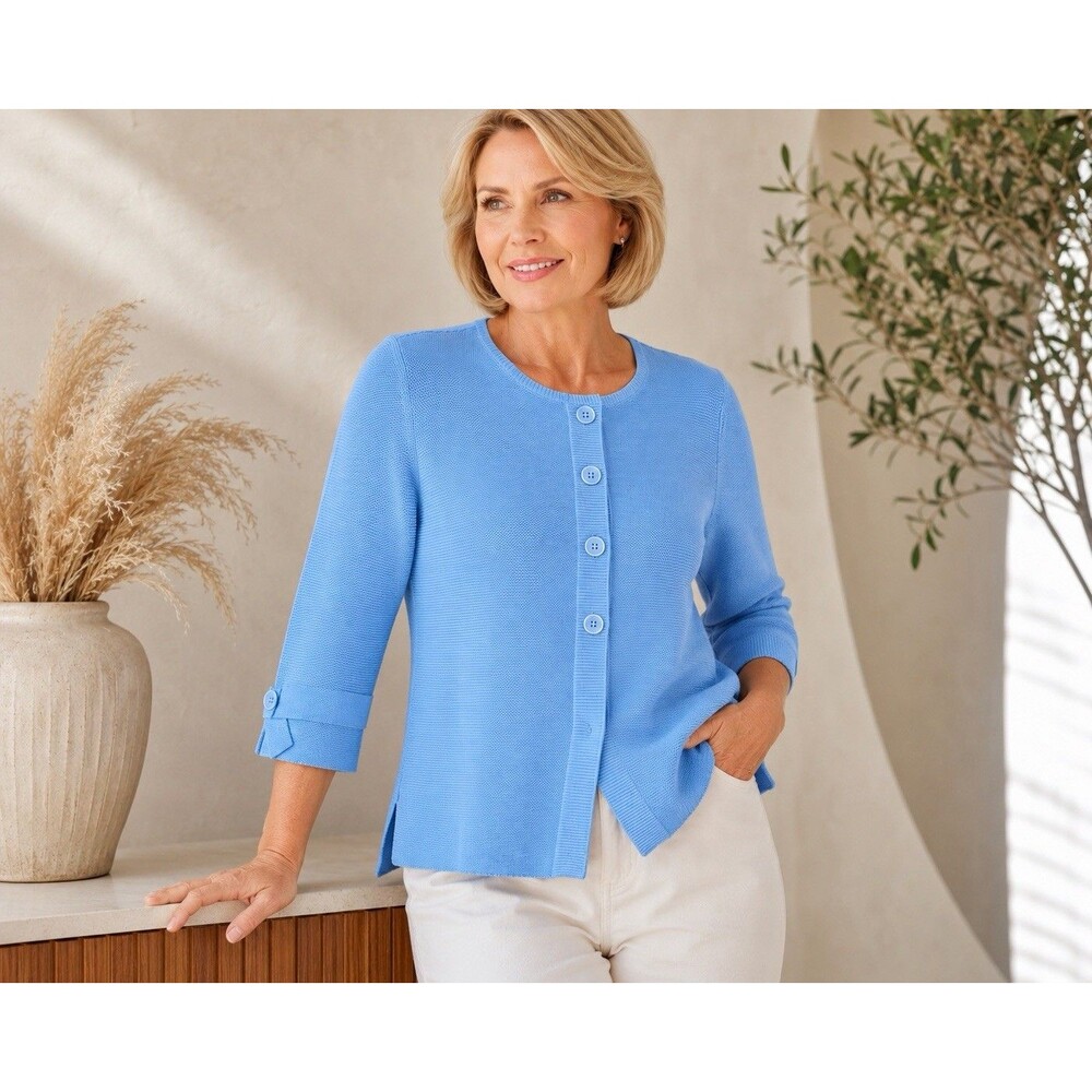 Habitat Women's Button Accent 3/4 Sleeve Blouse Small Textured Blue